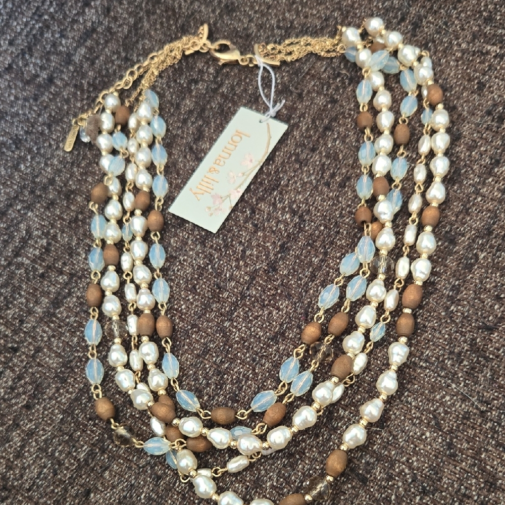 Lonna & Lilly Multi-Strand Blister Pearl, Blue Moonglow&Wood Bead Necklace NWT✨